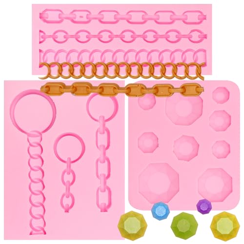 Silicone Chain Link Mold Set with Gemstone Pattern, Pink, 3 Piece Jewelry Making Molds for Resin Crafts