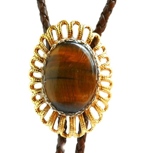 Bolo Tie with a Piece of Tiger Eye in the Center .and Wire Edging. Brown leather cord with gold-plated tips.