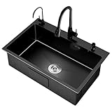 AYCDL Küchenstudio Bar Balkonspüle Edelstahlspüle Mit Wasserhahn Abflussrohr Sauberer Wasserhahn Küchenwasserpool Geschirrspülbecken Spülbecken,Black-72X40cm
