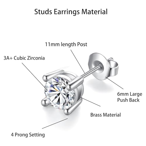 5 Pairs Cubic Zirconia Stud Earrings for Women - 14K White Gold Plated Hypoallergenic 3-7mm Cubic Zirconia Studs Earrings for Men Women3
