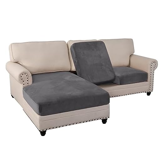 Sectional Couch Covers 3 Piece Couch Covers for Sectional Sofa L Shape Velvet Separate Cushion Couch Chaise Covers Elastic Furniture Protector for Both Left/Right Sectional Couch(3 Seater, Grey)