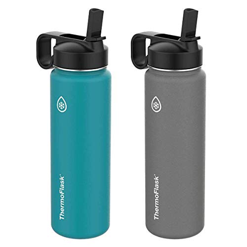 thermoflask gre 24-ounce double wall vacuum insulated stainless steel water bottles (grey/teal), 24 oz