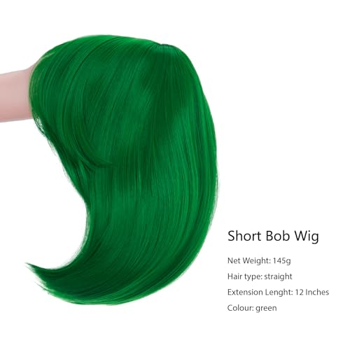 Image of Rose bud Forest Green Bob Wig with Fringe 12 Inch Short Straight Costume Wigs for Women Cosplay Party Halloween