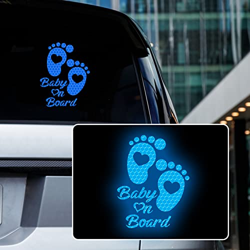 Image of Iprokiu High Intensity Reflective Baby on Board Car Sticker Waterproof Cute Footprint Baby in Car Decal Safety Warning Sign Kids on Board Decal for Car Bumper Window (Blue)