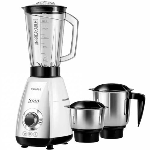 Image of Pringle Soul 650W 3 Jars Mixer Grinder | 5 Year Warranty | 45 Min Non Stop Running | 2 SS Jars (Wet & Dry Grind, Chutney Jar) 1 Juicing Jar | Copper Motor | SS Blades | White Silver