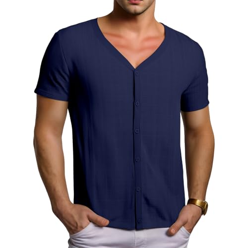 Men Viscose Pajama Top Button Up for Sleep, or Casual V Neck Short Sleeve, Breathable Summer Cardigan Style