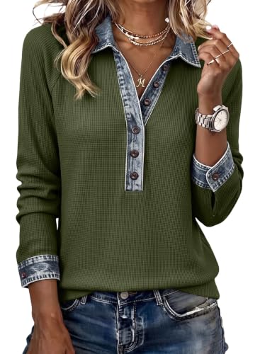 EVALESS Womens Sweatshirt Denim Patchwork Waffle Tops, Jungle Green, Medium