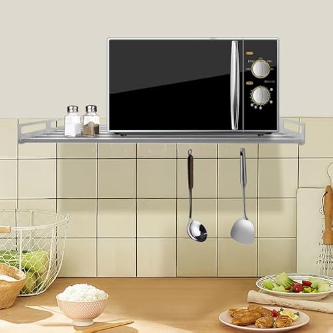 Gdrasuya10 Wall Mount Microwave Oven Rack, Microwave Oven Bracket Wall Mount Shelf Cooker Holder Storage Rack w/12 Hooks