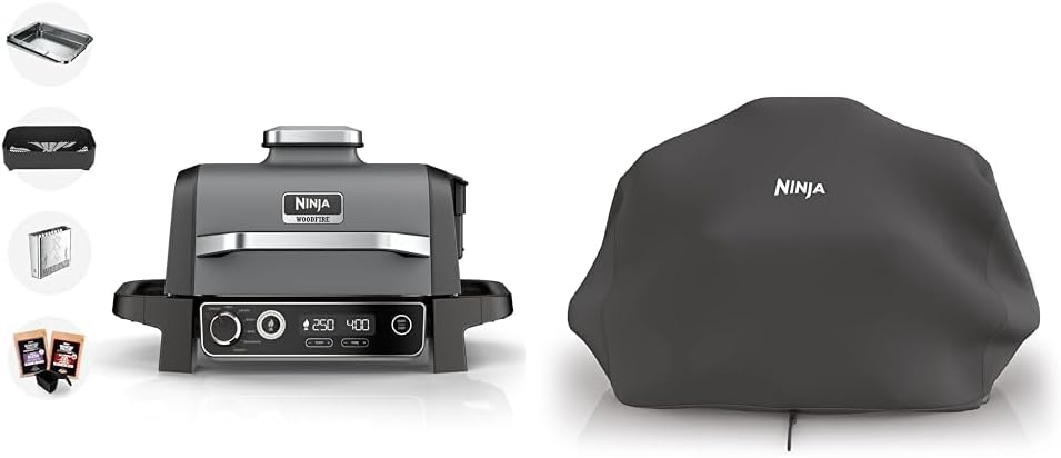 Woodfire Electric BBQ Grill & Smoker, 7-in-1 Outdoor Barbecue Grill & Air Fryer, Grey/Black, OG701UK & Woodfire Grill Cover, Black,XSKCOVEREUUK