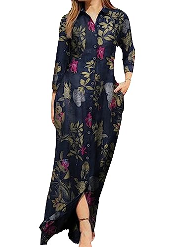 OMZIN Women Button Down Lapel Collar Long Pockets Shirt Dress Summer Print Party Maxi Dress Floral Black M