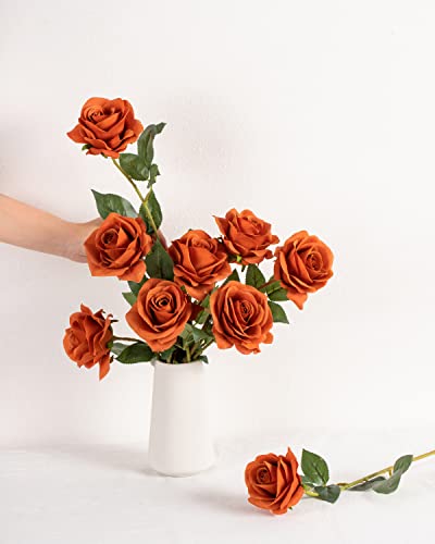 DuHouse 10Pcs Artificial Roses Fake Silk Flowers Realistic Bridal Bouquets with Single Long Plastic Stems for Arrangement Wedding Table Centerpiece Party Home Decor(Burnt Orange) - Image 4