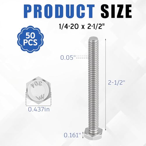 Image of Zonon 50 Pcs 1 /4-20 x 2-1 /2 inch Hex Head Screw Bolt 18-8 (304) Stainless Steel Hexagon Bolts, Fully Threaded, Plain Finish, External Hex Drive (Silver)