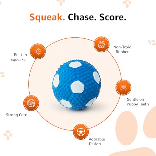 Image of Amazon Basics Durable Soccer Ball Squeaky Dog Toy | Non-Toxic Natural Latex Rubber | Dental Texture | Water Play Friendly | for Small to Large Dogs | 5-30 kg