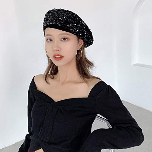 Bling Beret Hats For Women Color Paris Artist Cap Fashionable Ladies Sparkle Shining French Style Beanie Beret (Black) #TOP2