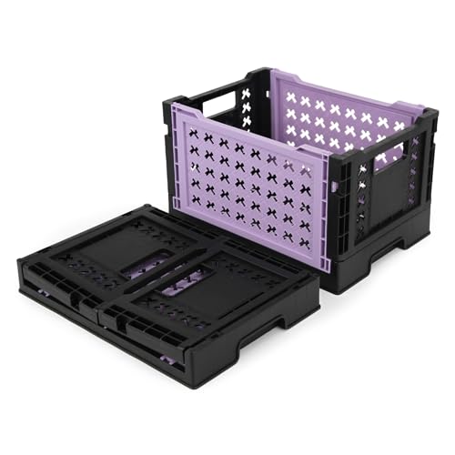Spesh 2 Pcs Collapsible Crates Storage Boxes Plastic Foldable Crates Stackable Storage Baskets for Home Kitchen Office(Black & Purple, 30x22x18cm)