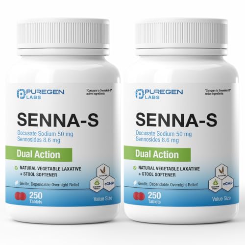Puregen Labs Senna-S Natural Vegetable Laxative Plus Stool Softener Dual Action - Total 500 Tablets Senna Plus | Gentle Dependable Overnight Relief of Occasional Constipation - 2Pack