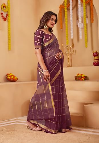 Image of StyleScope Women's Kota Doria Cotton Zari Checks Manipuri Saree With Unstitched Blouse Piece (Malanng)