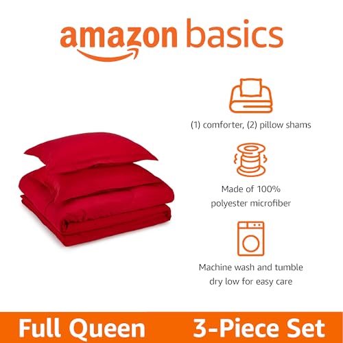 Image of Amazon Basics 3-Piece Soft Microfiber Kids' Comforter and Pillow Sham Set, Full /Queen, Red, Solid