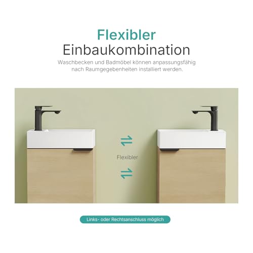EMKE Waschbecken mit Unterschrank 41 cm, Kompaktes Waschtisch-Set mit Keramikbecken für Gäste-WC & kleines Bad, Waschtisch mit Unterschrank, Eiche