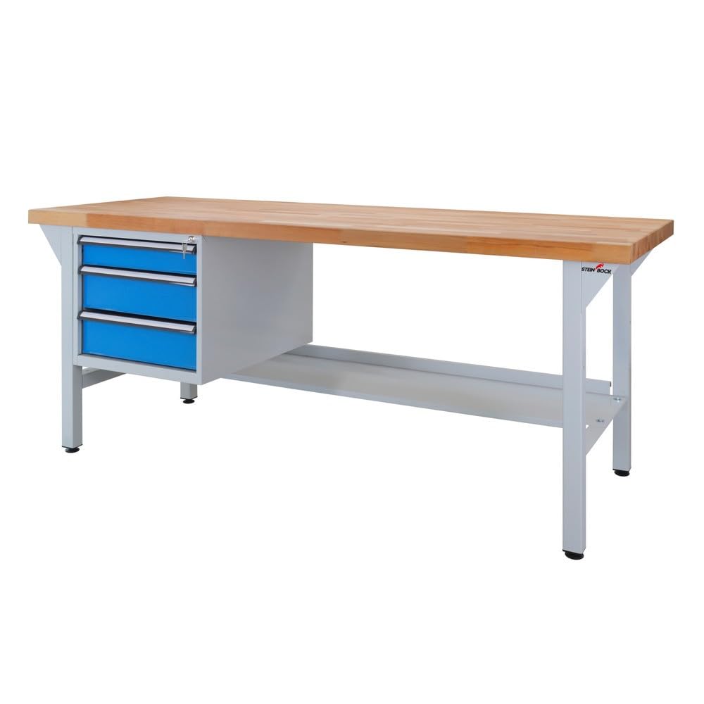 Steinbock Werkbank mit 3 Schubladen | 500 kg Tragkraft | HxBxT 85 x 200 x 75 cm | Lichtblau | 5 cm Starke geölte Massivholz-Arbeitsplatte | stabiles Stahlgestell | Made in EU | Werktisch