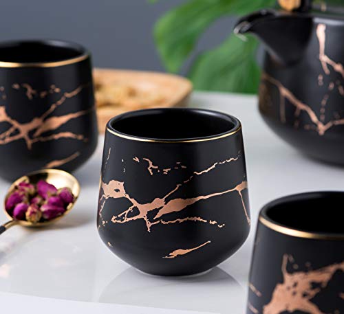 Jusalpha Marble Porcelain Teapot Set Modern Japanese Tea Pot With Infuser For Loose Tea, 4-Piece Tea Cups (6.7 Oz) With Bamboo Tray - Tea Cups Set For Home And Restaurant, Fdjpt4 (Black) #TOP4