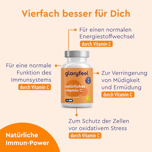 Natürliches Vitamin C - 240 vegane Kapseln - 400mg reines Vitamin C hochdosiert - Aus Acerola- und Hagebutten-Extrakt - 4 Monatsvorrat - Laborgeprüft, ohne Zusätze in Deutschland hergestellt