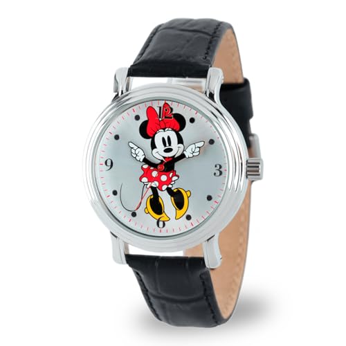 Disney Minnie Watch - Watch for Women - Minnie Mouse Watches for Women Toys - 90s Mouse - Vintage - Clock Hands - Silver Case - Brown Leather Strap