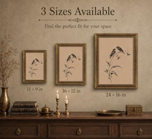 Image of Gold Framed 3D Textured Wall Art, Vintage Sketch Birds on Branch Canvas Prints, Minimalist Love Bird Pictures Decor, Neutral Botanical Birds Gallery Artwork for Living Room Bedroom Bathroom 9x11inch
