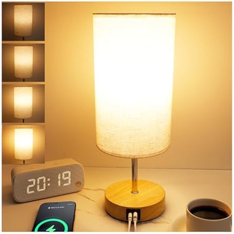 Bedside Table Lamp for Bedroom - 4 Way Dimmable Touch Lamp with USB and Type-C Charge Port, Small Wood Base Round Flaxen Fabric Shade Lamp Living Room,Bedroom Use(Yellow Color Base) Cover