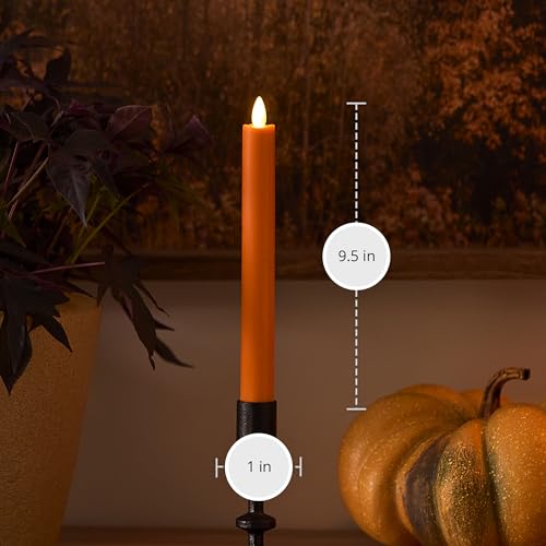 Image of Luminara Taper, 1 inch x 9.5 inch AA Battery Wax Flameless Candle w /Timer, Remote Available Russet Orange Flickering White LED Light Flame, Home Decor for Halloween Fall Indoor Candlestick Decoration