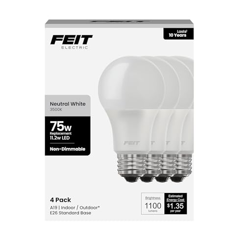 Feit Electric A19 LED Light Bulb, 75W Equivalent, 1100 Lumens, 3500K Neutral White, Non-Dimmable, E26 Base, Indoor/Outdoor, General Purpose LED Bulbs, 11,000-Hour Lifespan, A1100/835/10KLED/4, 4 Pack