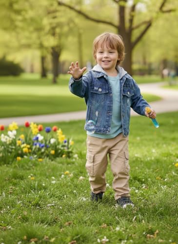 Image of Volunboy Toddler Hooded Denim Jackets Boys Spring Fall Ripped Jean Coat with Hood Long Sleeve Button Down Casual Outerwear