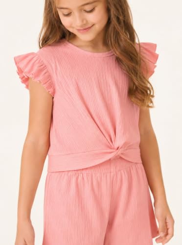 Image of Girls 2 Piece Outfits Summer Ruffle Sleeve Top and High Waisted Striped Shorts Set for Girls 7-14