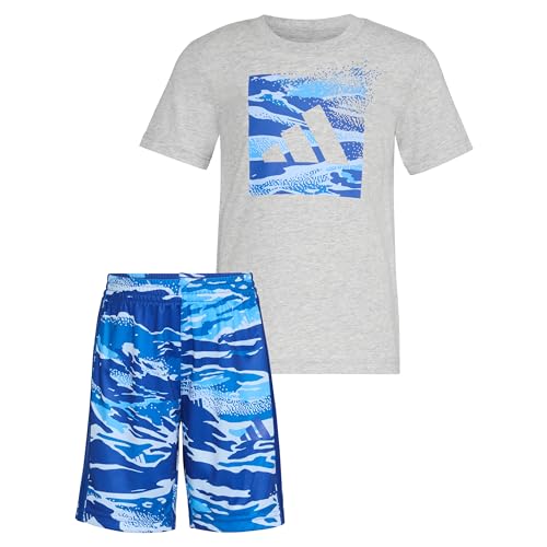 Image of adidas Boys' Short Sleeve Cotton Heather Tee Shirt and Aop Camo Short Set