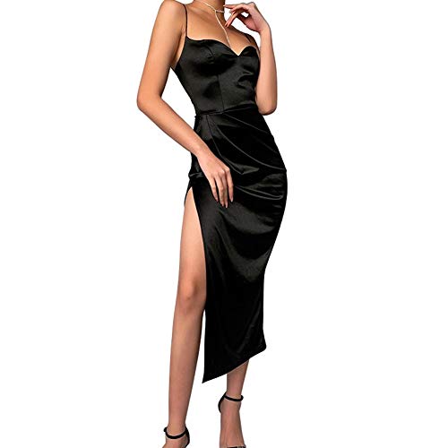 Votuleazi Robe Longue Femme Sexy Fendue à Bretelle Spaghetti Robe de Soirée Chic Elégante en Col V Noire Rouge, (Noir M) Cover