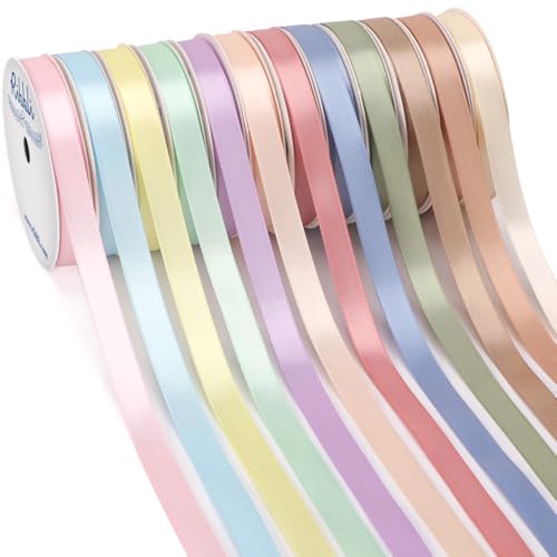 Ribbli Pastel Easter Satin Ribbon 3/8 Inch x 12 Rolls Total 60 Yards- Morandi Ribbon for Gift Wrapping Craft Party Decoration Baby Shower Wedding