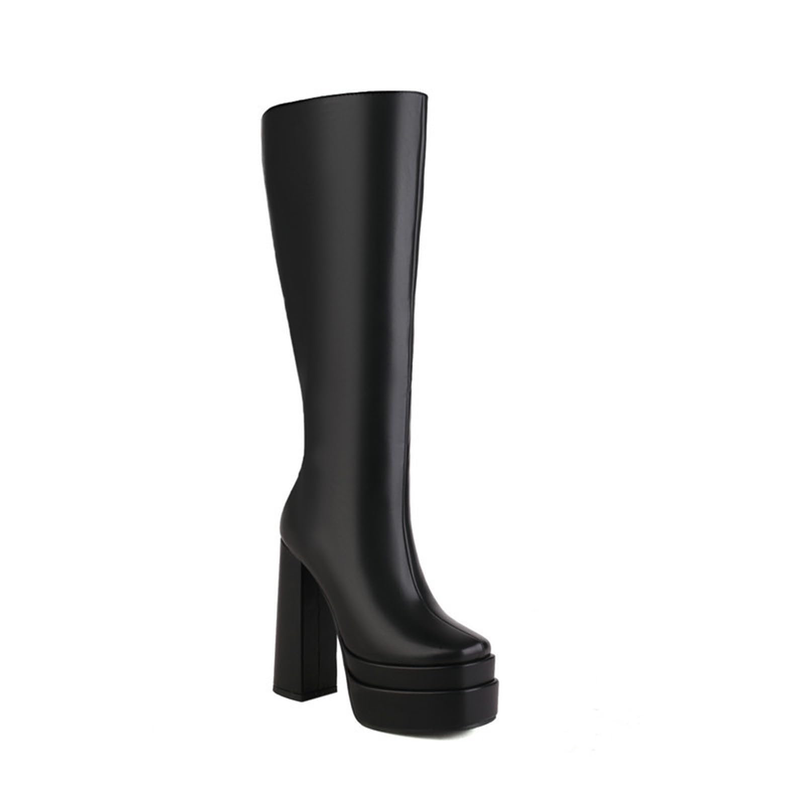 Black Knee High Boots for Women Stacked Platform Chunky Block Heeled Boots Square Toe and Side Zipper Design
