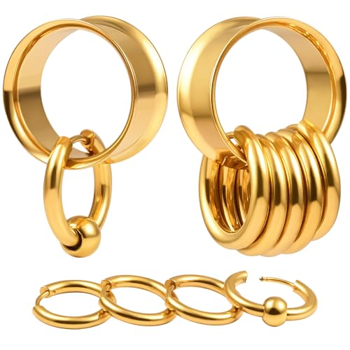 DOEARKO Ohr Flesh Tunnel 1 Paare Ohr Tunnel Plug mit 10 Ringen Edelstahl Double Flared Ohr Plug Ohrpiercing Gestreckte Schmuck für Frauen und Männer 14mm Gold