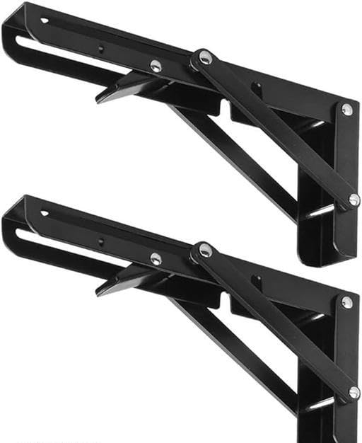 2 pcs folding shelf brackets 8 inch heavy duty metal diy triangle wall mount collapsible shelf bracket for tables benches shelves space saving (black 8 inch)