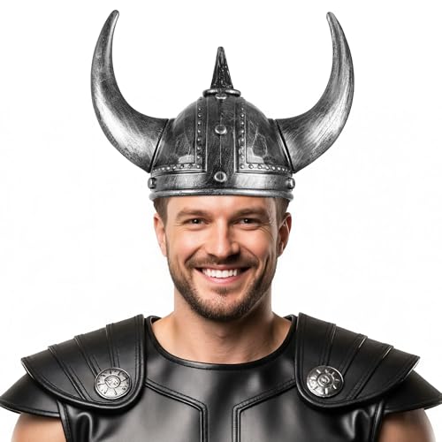Farochy Viking Helmet with Horns for Adult Medieval Viking Costume Viking Accessories Plastic Viking Hat for Halloween Cosplay (Silver)