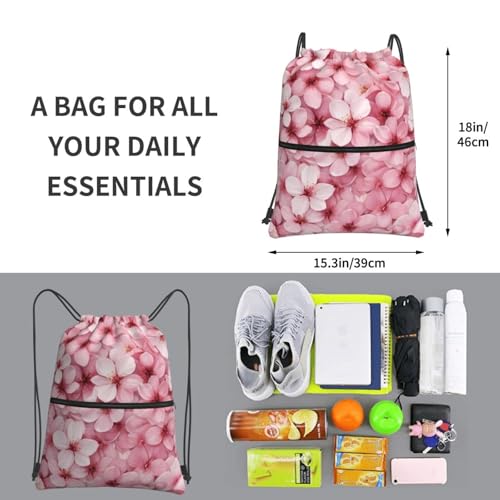 Cherry Blossom Petals Printing Drawstring Zipper Backpack For Hiking Camping Yoga - Convenient Daily Carry4