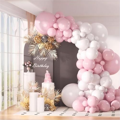 Image of Happy Birthday Balloons Decoration Kit - 46 Pieces Pink and White Balloons | Happy Birthday Party Arch Garland Decoration Set with Gold Palm Leaves Decor Item Perfect for Parties