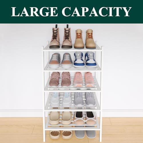 Image of Smiry Bamboo Shoe Rack, 5 Horizontal Slats, 5 Tier - 17.3 inch Wide, White