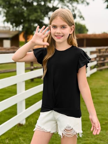 Image of Haloumoning Girls Ruffle Sleeve T Shirts Summer Crewneck Shirt 5-14 Years