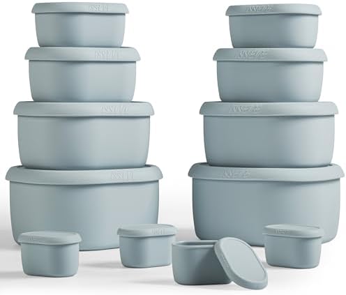 ISSEVE 12Pcs/Set Nesting Silicone Food Storage Containers with Lids, BPA Free Reusable Meal Prep Silicone Containers Airtight, Freezer Dishwasher Safe (33.8oz, 20oz, 10oz, 6.7oz, 1.3oz) (Grey)