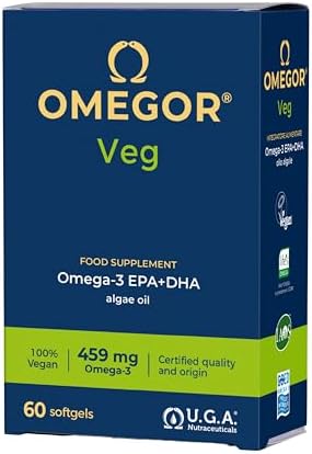 Omega 3 Vegan OMEGOR Veg - Omega3 Vegetale IFOS 5 Stelle e Vegan Society da Olio di Alghe con Vitamina E - 250mg DHA e 125mg EPA (60 Capsule)