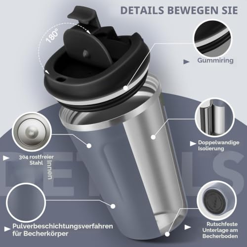 Volhoply 360ml doppelwandiger vakuumisolierter Reise-Thermobecher, 18/8 (304) Edelstahl-Kaffeebecher to go mit Klappdeckel… – Ansicht 4