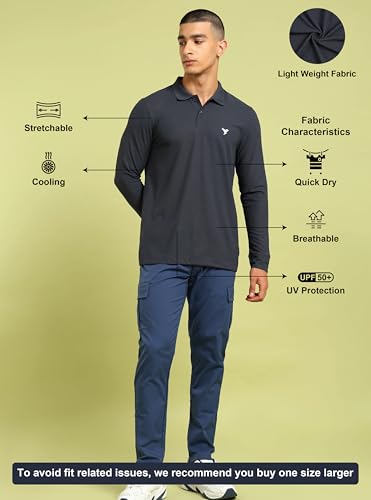 Image of TECHNOSPORT Mens Slim Fit Polyester Active Wear Collar Polo T-Shirt with Long Sleeves for Workout, Sports
