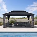 PURPLE LEAF 10' X 16' Permanent Hardtop Gazebo Aluminum Frame with Galvanized Steel Double Vented Roof Includes Removable Netting and Curtains with Hooks for Garden Patio Lawns Grey