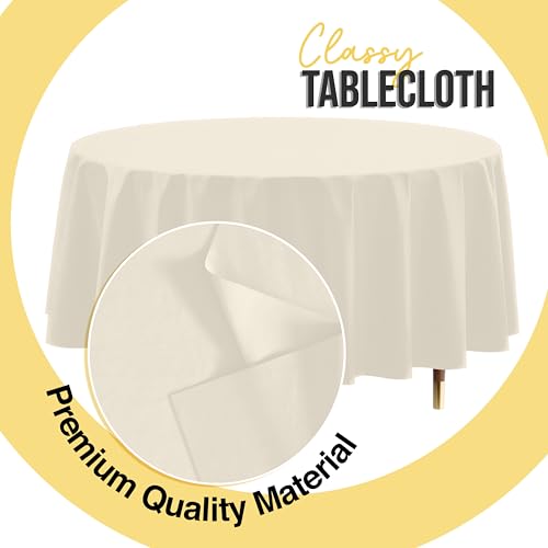 Image of Exquisite 66% Thicker Premium Ivory Round Tablecloth 0.5 Mil 24 Pack Plastic Table Cloth Disposable 84 Inch Round Plastic Tablecloth Won't Tear Easily Like Cheap Thin Brands